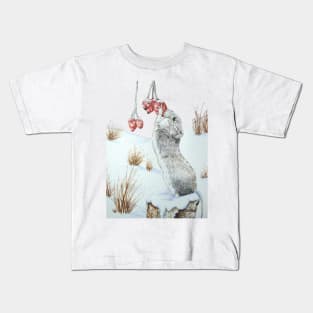 Cute gray wood mouse eating berries in snow Kids T-Shirt